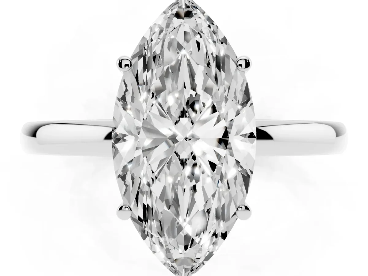 Marquise Cut Solitaire Diamond Ring with Prong Setting and Plain Band Platinum