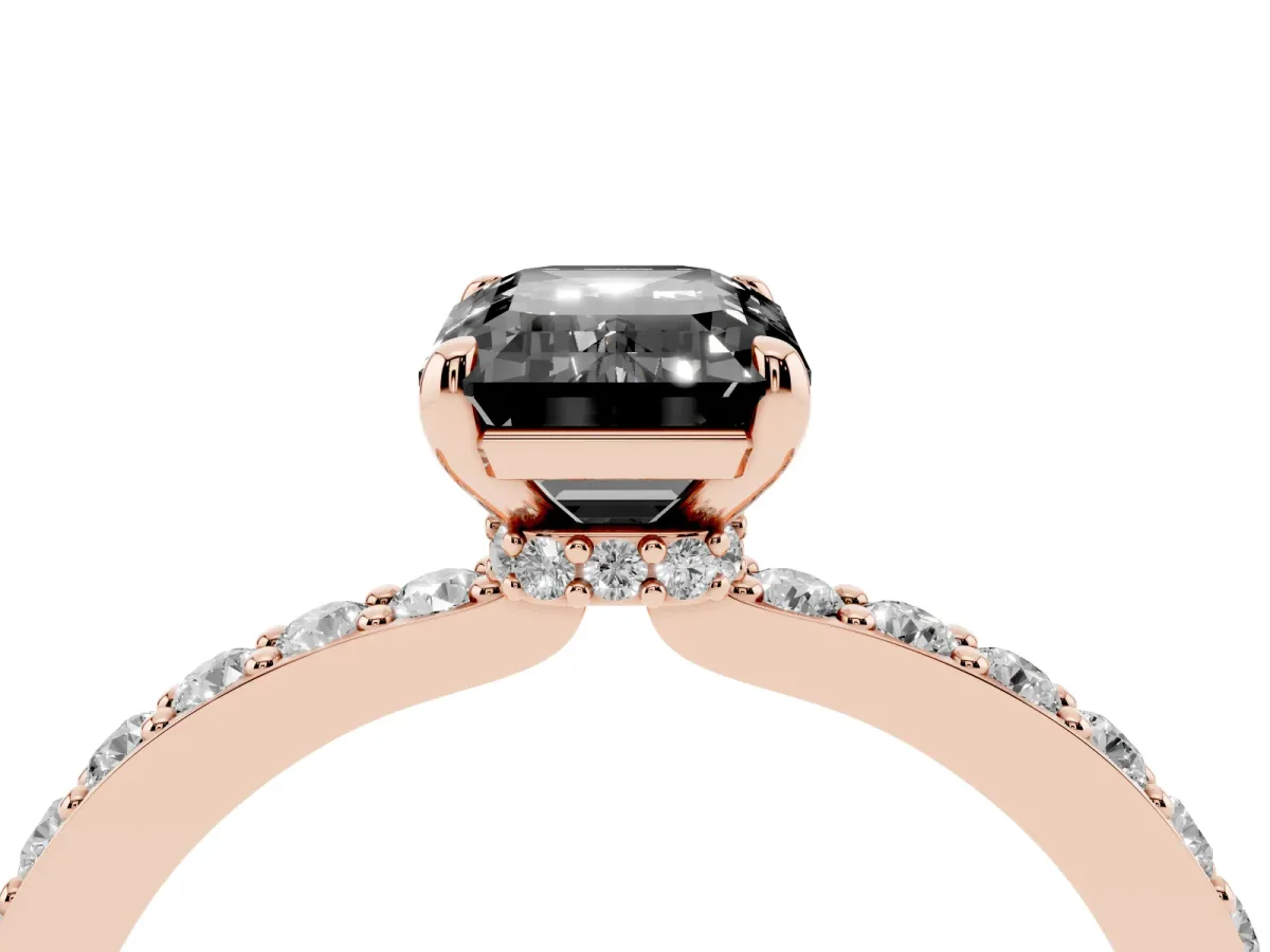 Fancy Black Emerald Cut Diamond Pavé Engagement Ring with Round Accents and Prong Setting Rose gold