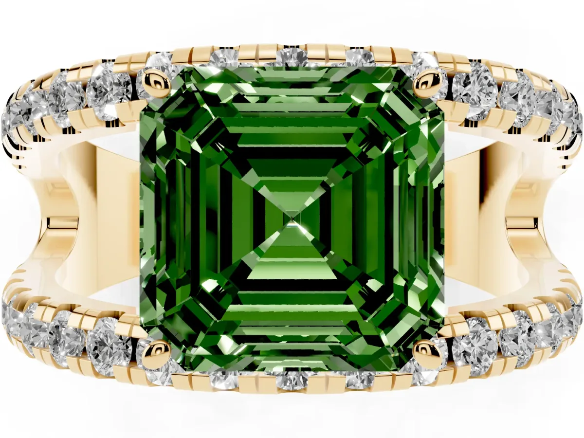 Fancy Green Asscher Cut Solitaire Split Shank Pave Diamond Ring Yellow gold
