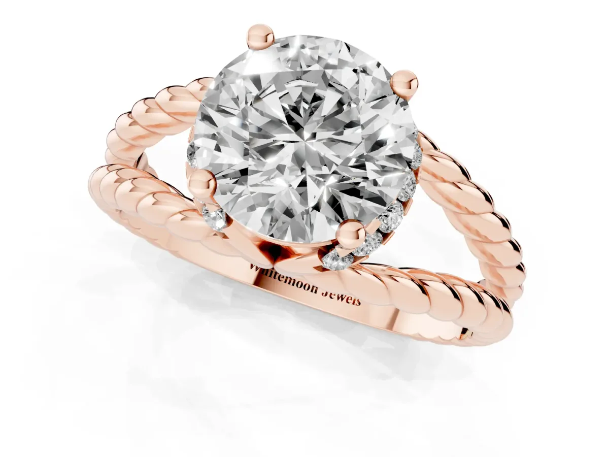 Round Cut Halo Twisted Band Four-Prong Ring Rose gold