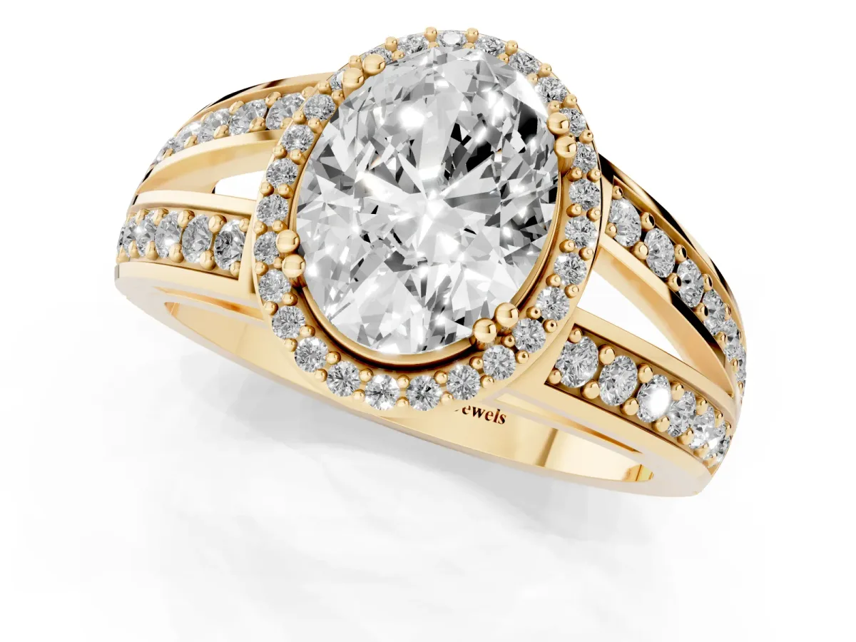 Oval Cut Diamond Halo Ring with Split Shank Pavé Band and Four-Prong Setting Yellow gold