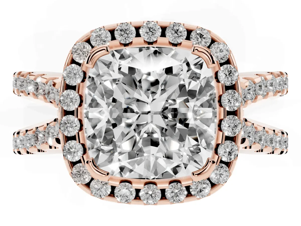 Cushion Cut Diamond Halo Ring with Split Shank Pavé Band and Prong Setting Rose gold