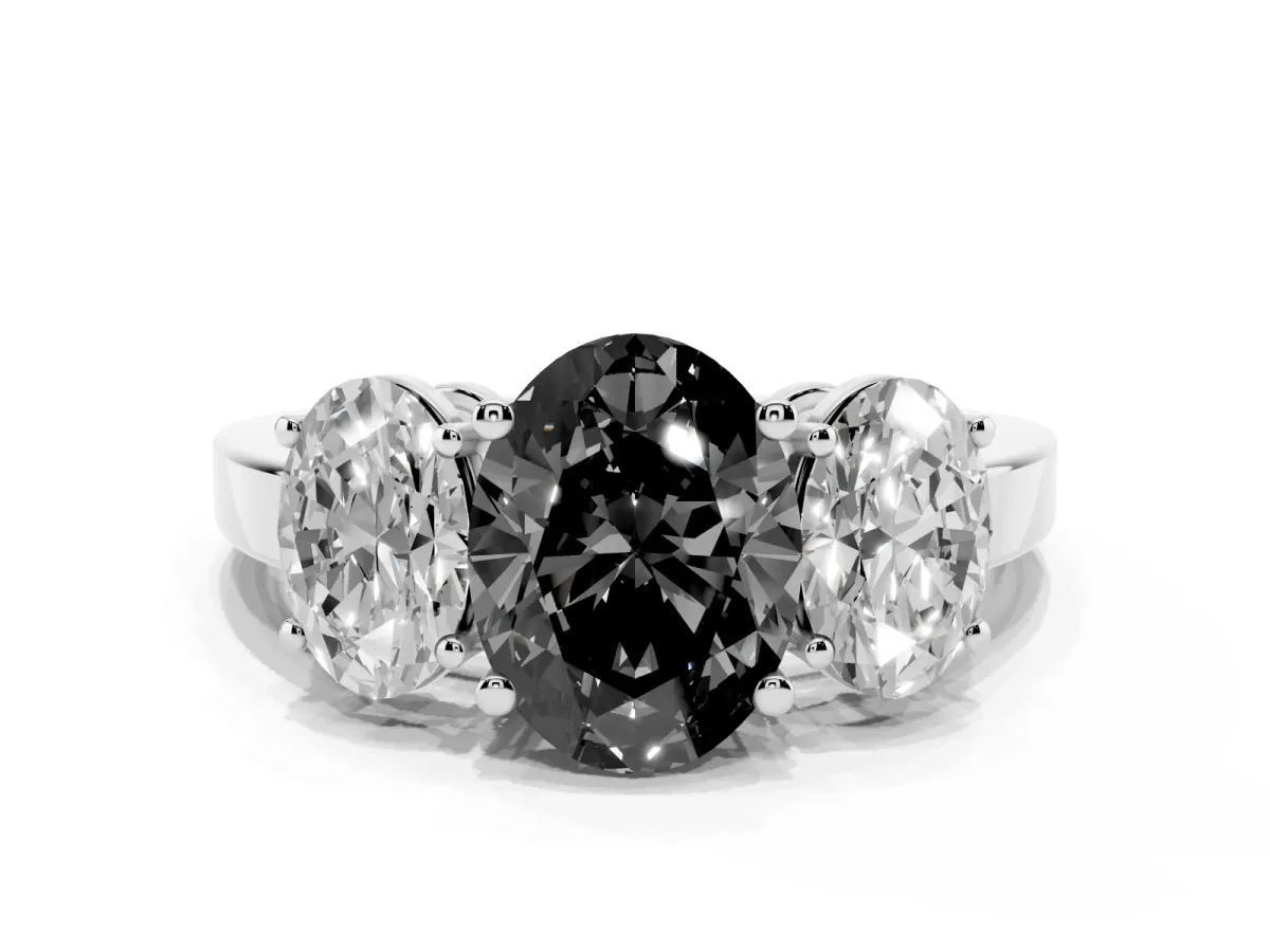 Fancy Black Three-Stone Oval Cut Cut Diamond Engagement Ring with Flat Band and Four-Prong Setting Silver