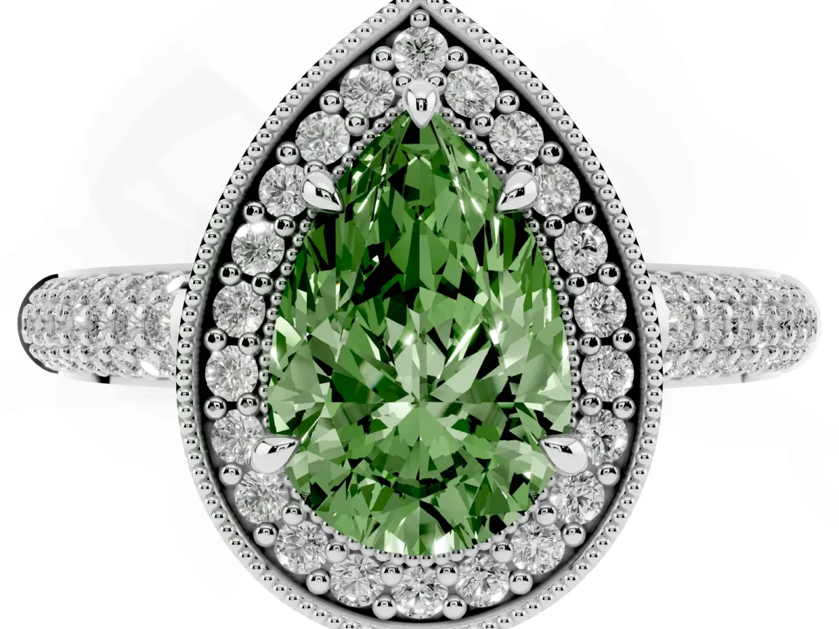 Fancy Green Pear Cut Cut Halo Diamond Pave Band with Four-Prong Setting Silver