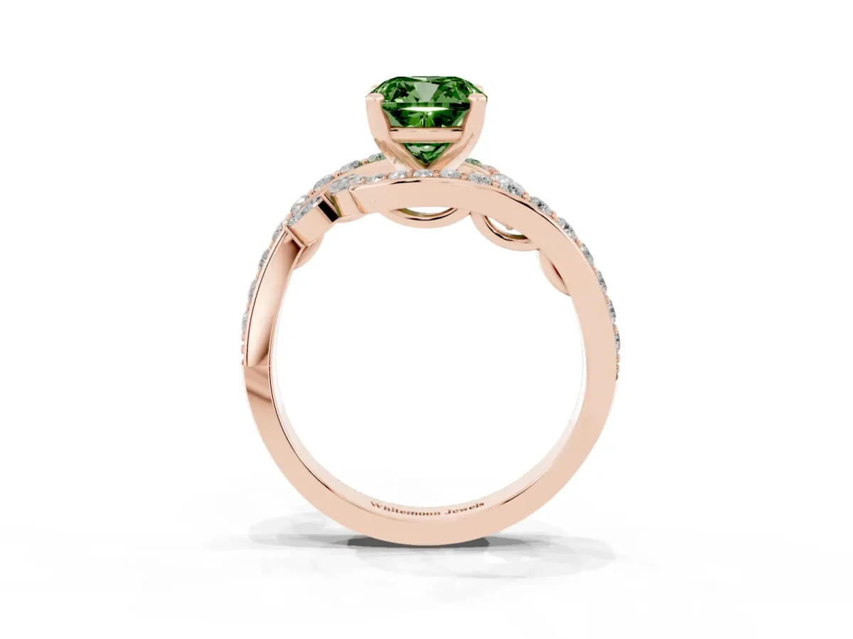 Fancy Green Cushion Cut Diamond Solitaire Ring with Filigree Band and Four-Prong Setting Rose gold