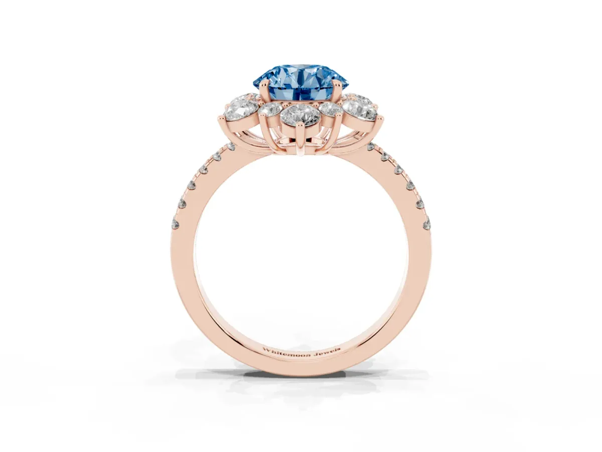 Fancy Blue Round Cut Diamond Floral Halo Ring with Round Pavé Band and Prong Setting Rose gold