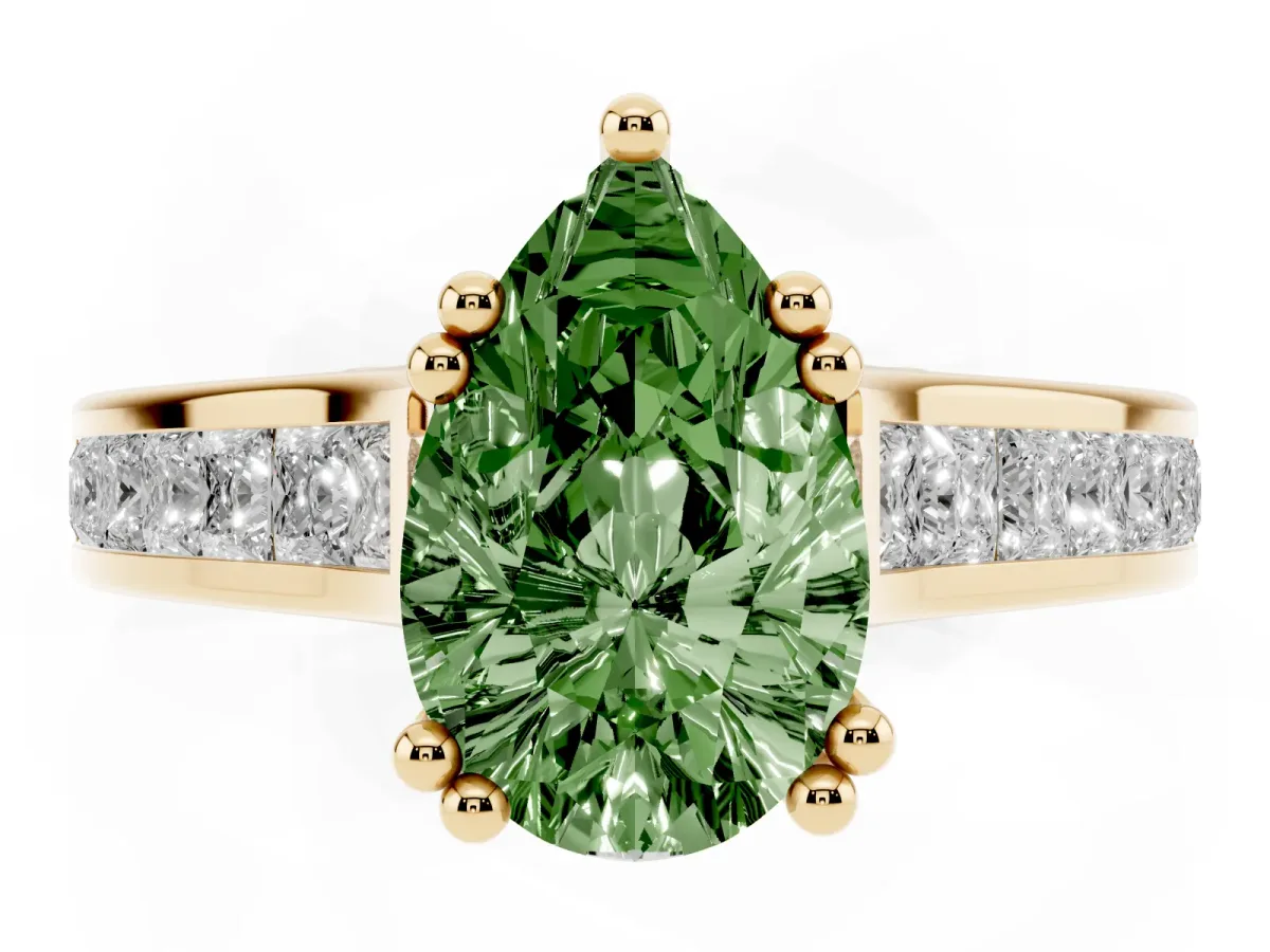 Fancy Green Pear Cut Cut Channel Set Solitaire Engagement Ring with Prong Setting Yellow gold