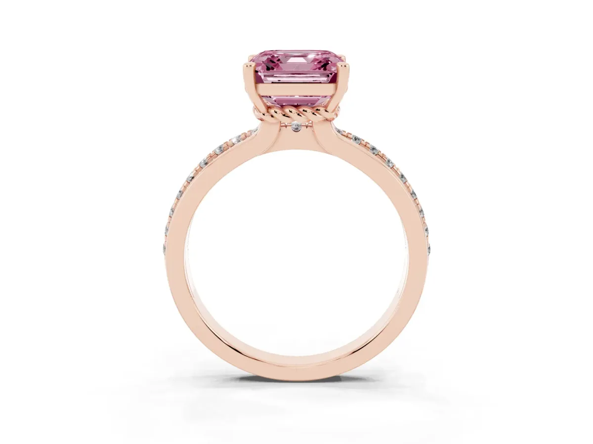 Fancy Pink Asscher Cut Solitaire Diamond Ring with Channel Set Band and Six-Prong Setting Rose gold