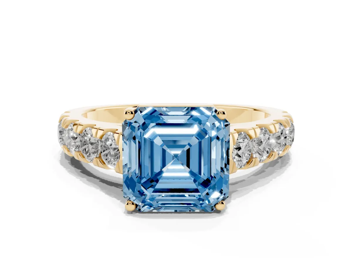 Fancy Blue Asscher Cut Cut Diamond Solitaire Ring with Micro Pave Band and Prong Setting Yellow gold