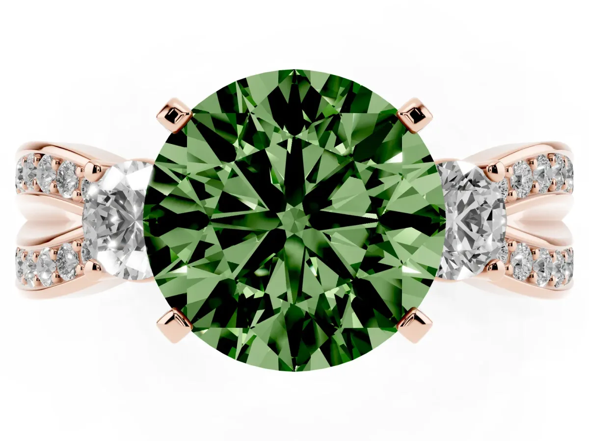 Fancy Green Three-Stone Round Cut Cut Diamond Twist Band with Prong Setting Rose gold