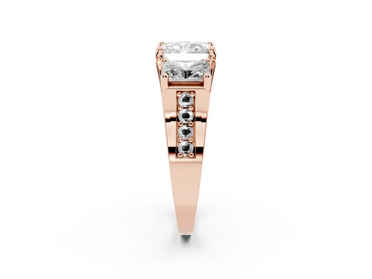 Radiant Cut Diamond Three-Stone Ring with Channel Set Band and Four-Prong Setting Rose gold