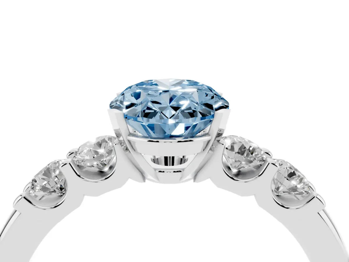 Fancy Blue Oval Cut Brilliant Cut Diamond Five-Stone Prong Set Engagement Ring with Channel Band Silver