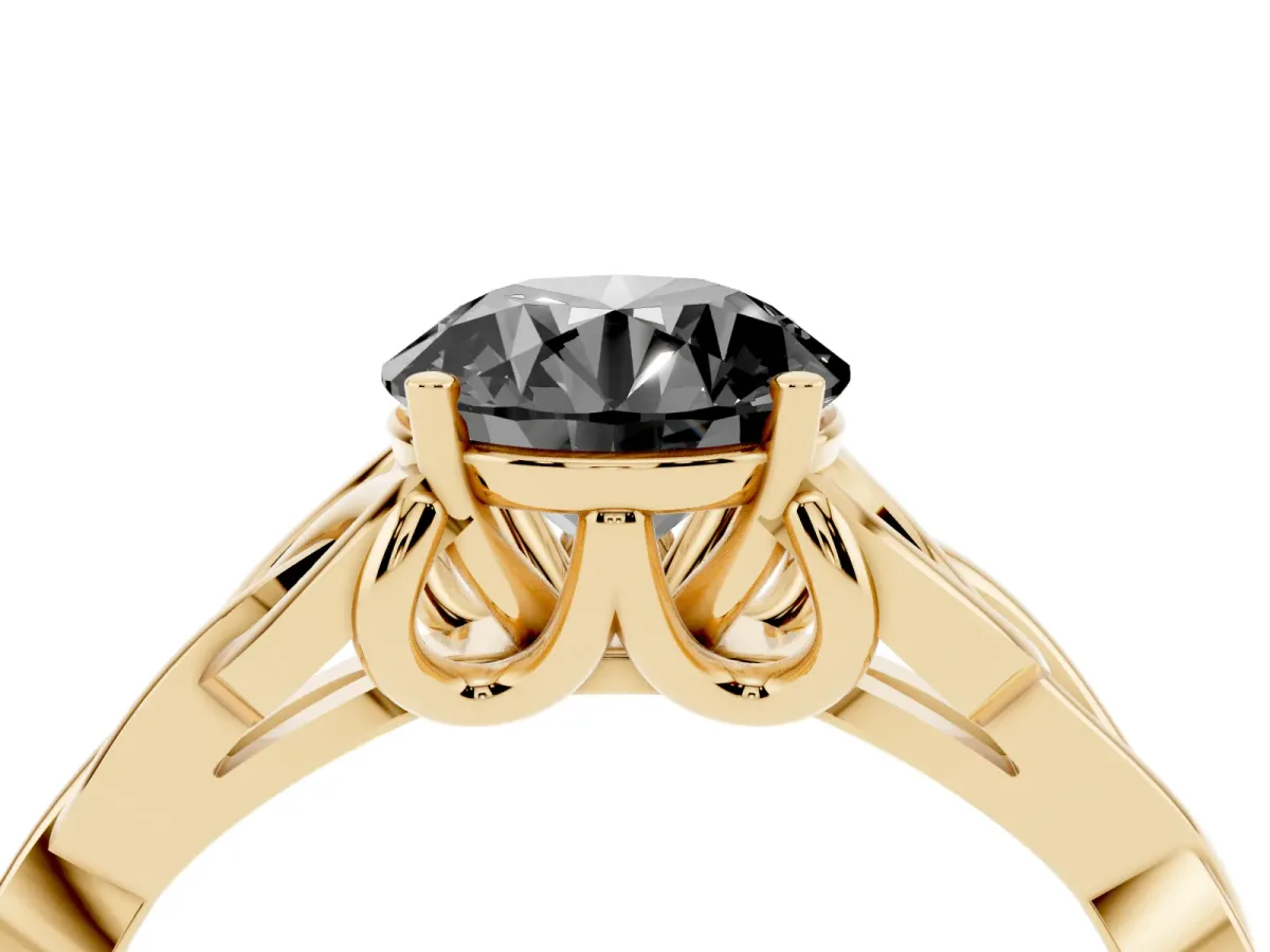 Fancy Black Round Cut Diamond Solitaire Engagement Ring with Celtic Knot Band and Four-Prong Setting Yellow gold