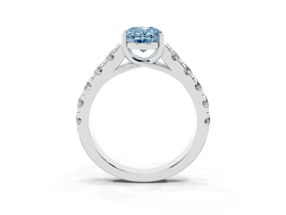 Fancy Blue Oval Cut Cut Diamond Solitaire Ring with Micro Pave Band and Prong Setting Silver