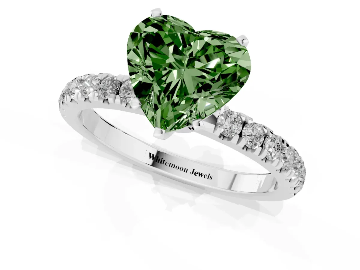 Fancy Green Heart Cut Diamond Solitaire Ring with Pavé Accents and Four-Prong Setting Platinum
