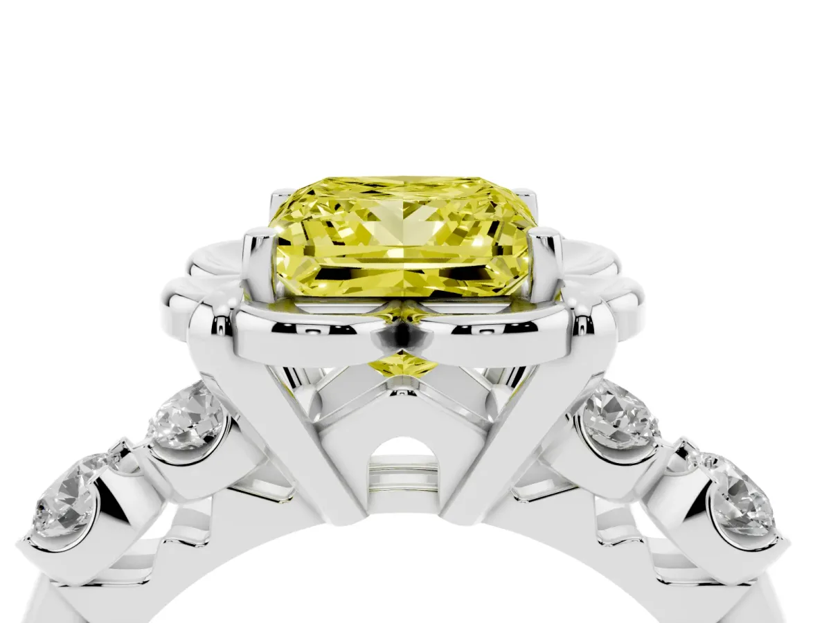 Fancy Yellow Princess Cut Cut Diamond Floral Halo Engagement Ring with Shared Prong Setting Platinum