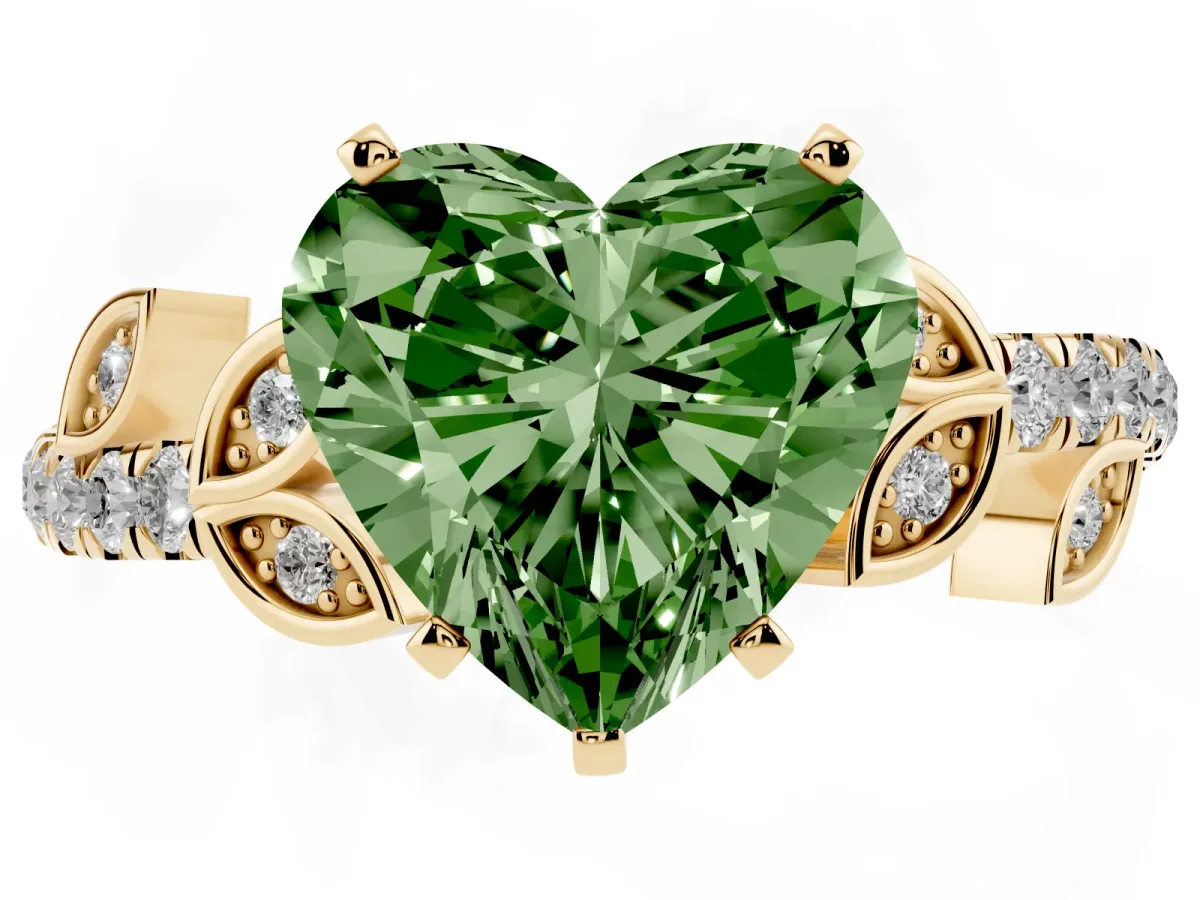 Fancy Green Heart Cut Solitaire Leaf-Inspired Diamond Ring with Pavé Band and Four-Prong Setting Yellow gold