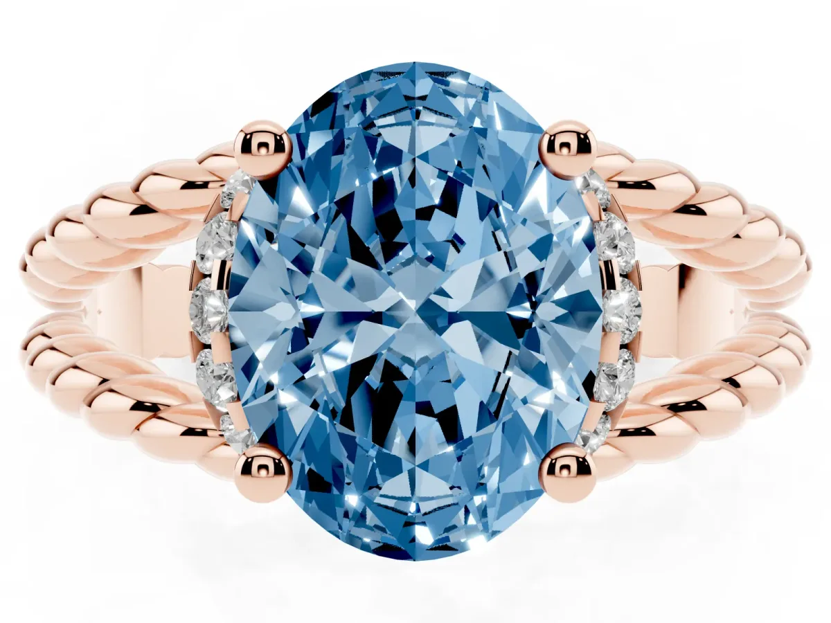 Fancy Blue Oval Cut Halo Twisted Band Four-Prong Ring Rose gold