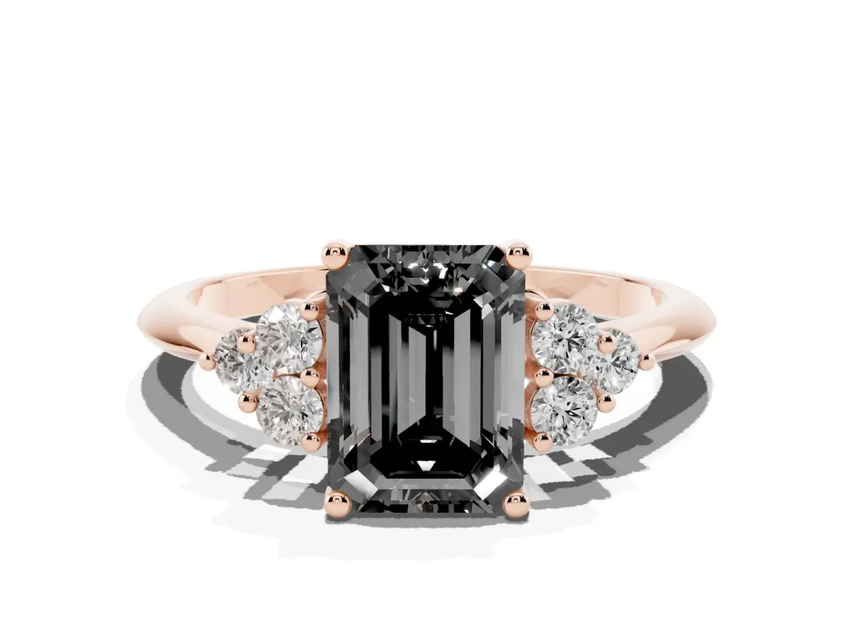 Fancy Black Emerald Cut Cut Diamond Cluster Ring with Solitaire Band and Four-Prong Setting Rose gold
