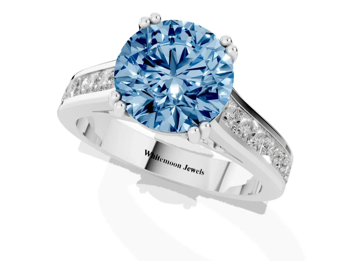 Fancy Blue Round Cut Cut Channel Set Solitaire Engagement Ring with Prong Setting Platinum