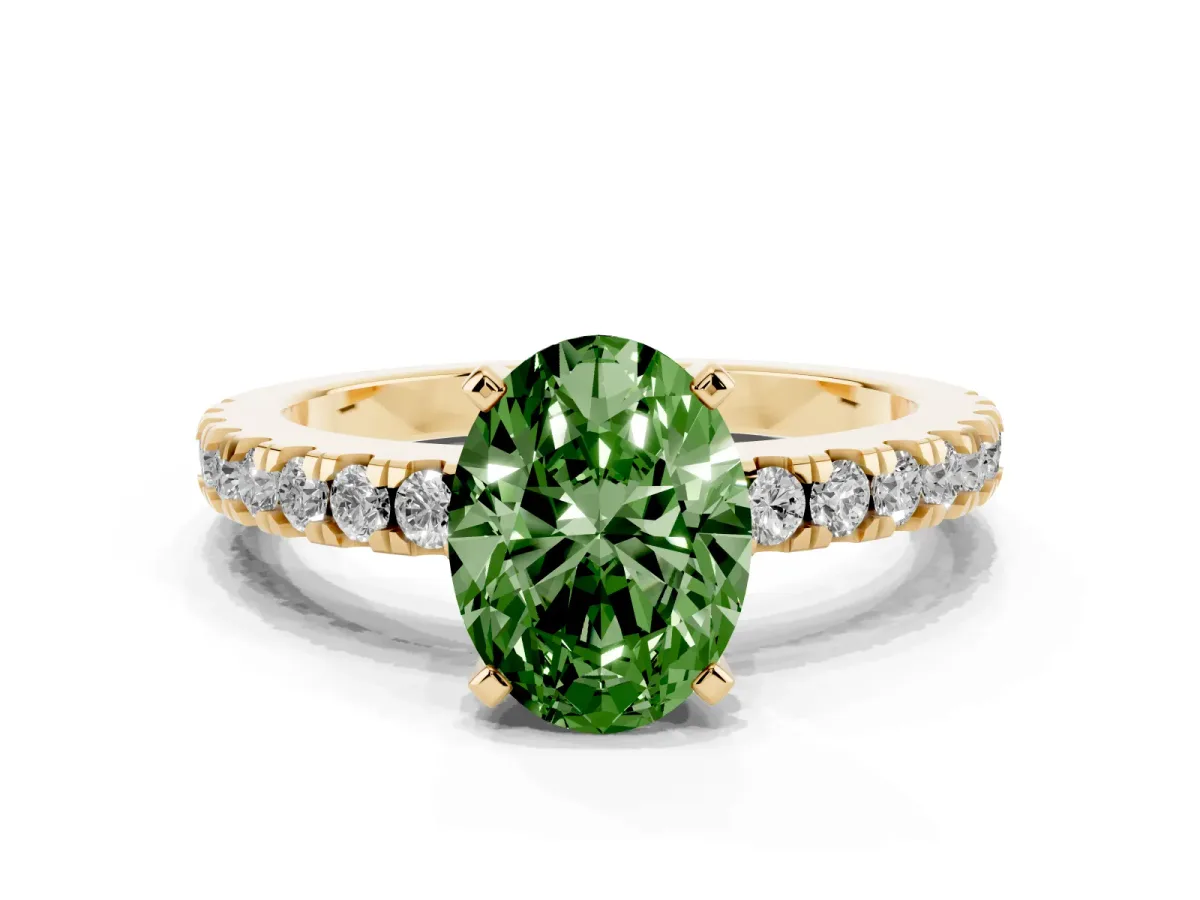 Fancy Green Oval Cut Solitaire Diamond with Pavé Band and Four-Prong Setting Yellow gold