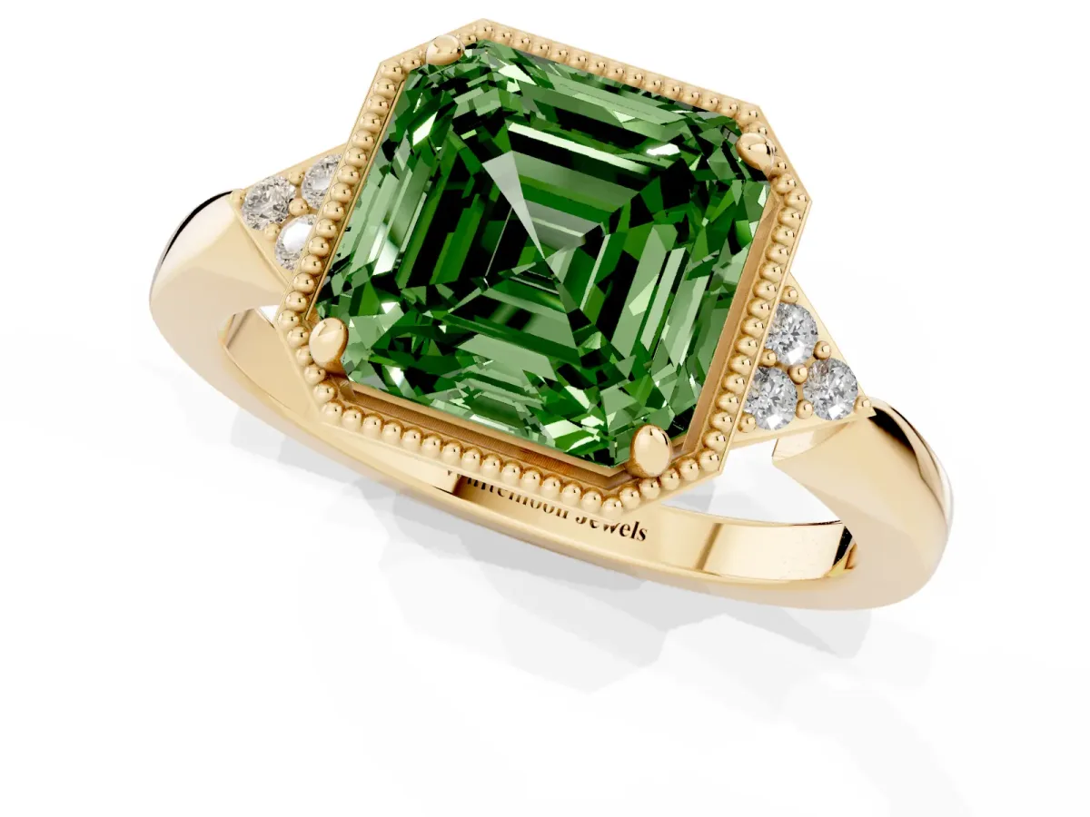 Fancy Green Milgrain Asscher Cut Cut Diamond Ring with Tapered Pave Band and Four Prong Setting Yellow gold