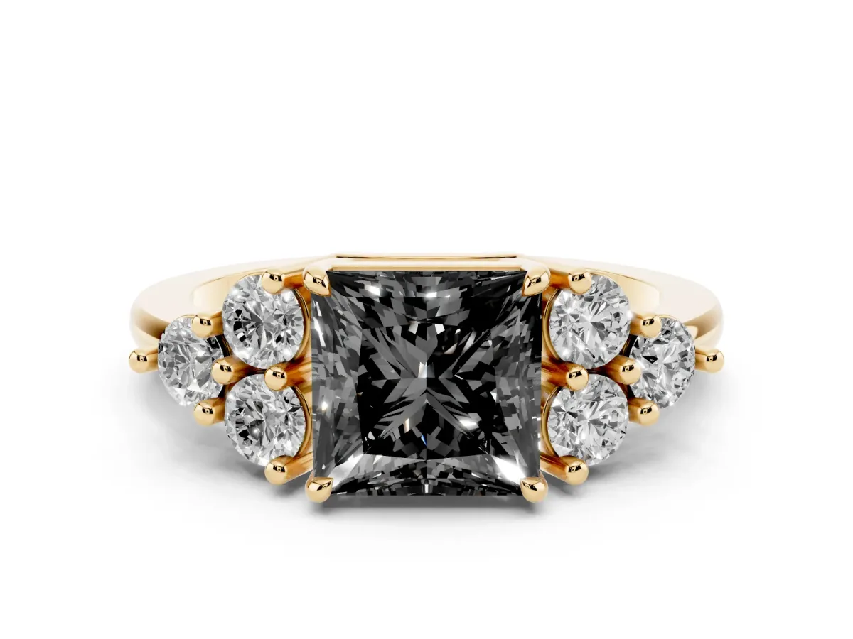 Fancy Black Princess Cut Brilliant Diamond Cluster Accent Solitaire Ring with Prong Setting Yellow gold