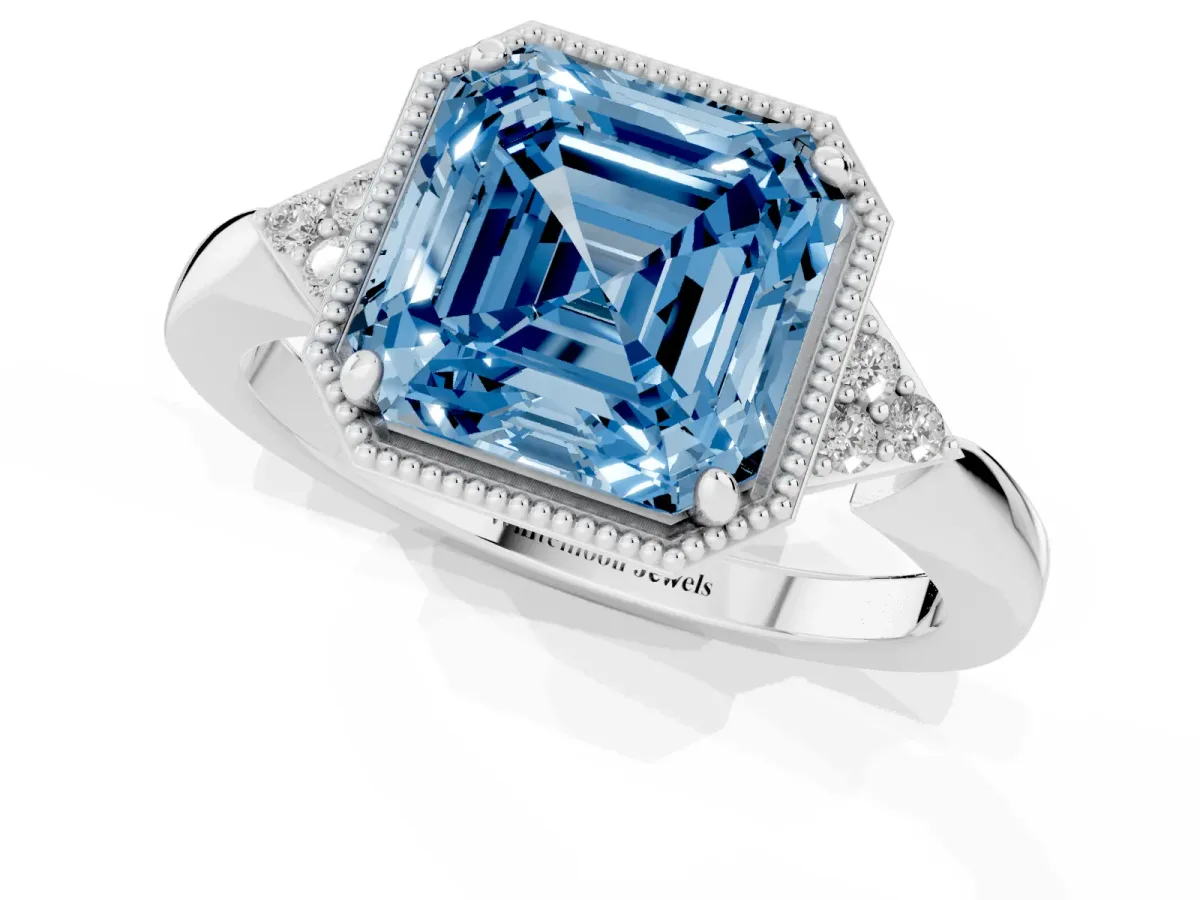 Fancy Blue Milgrain Asscher Cut Cut Diamond Ring with Tapered Pave Band and Four Prong Setting Silver