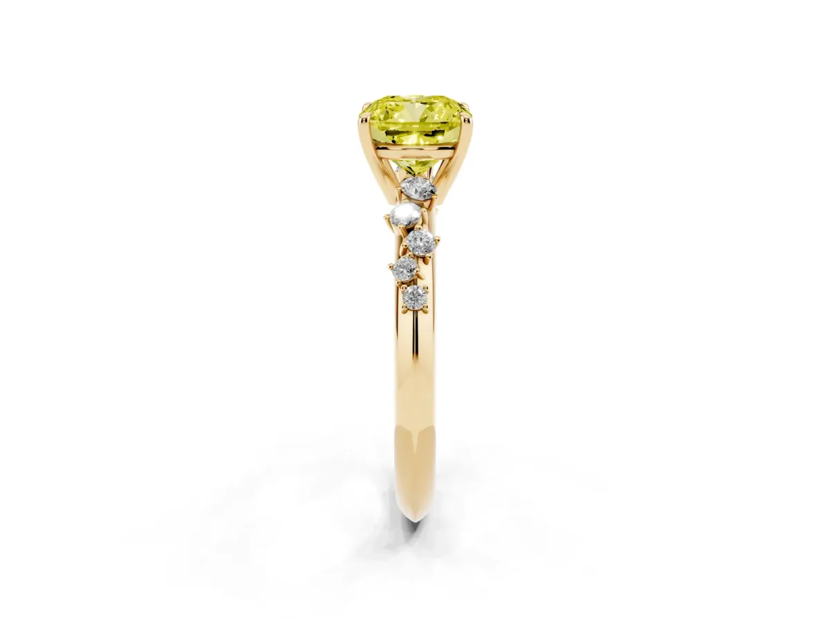 Fancy Yellow Cushion Cut Diamond Cluster Side Stone Solitaire Ring with Prong Setting Yellow gold