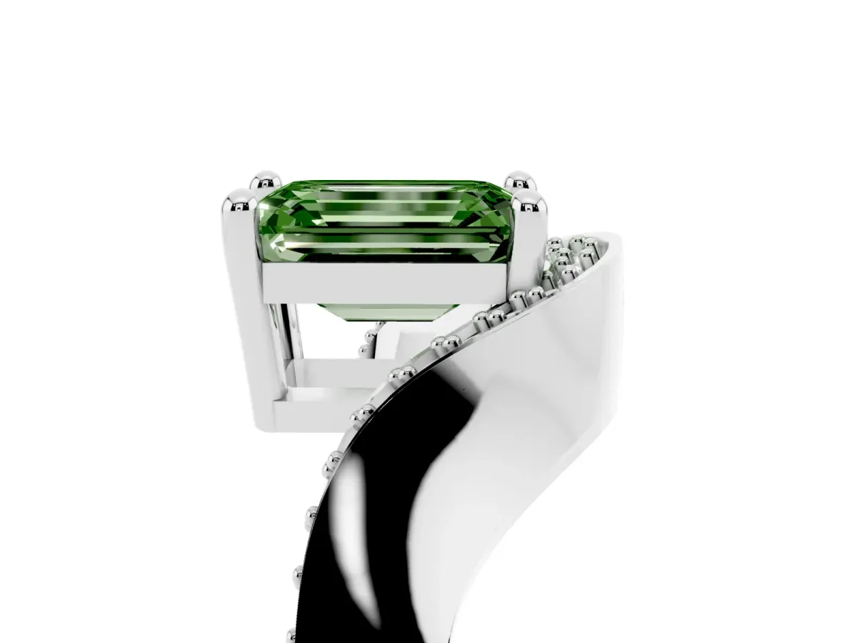 Fancy Green Emerald Cut Solitaire Diamond Engagement Ring with Pave Band and Four-Prong Setting Platinum