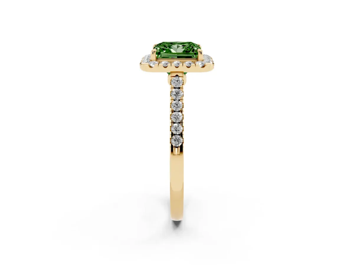 Fancy Green Princess Cut Halo Pave Diamond Engagement Ring with Four-Prong Setting Yellow gold