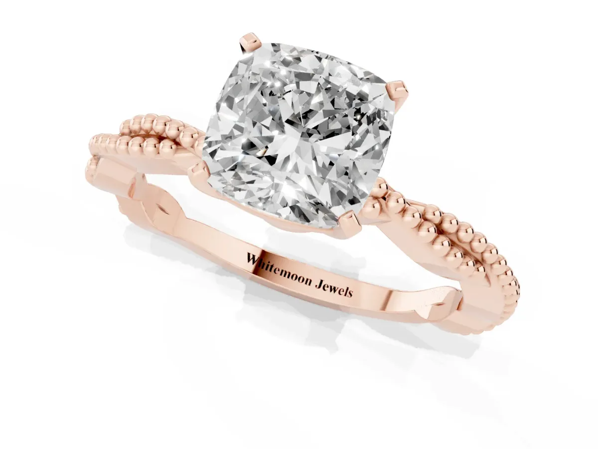 Cushion Cut Solitaire Twisted Band with Bead Prong Setting Rose gold