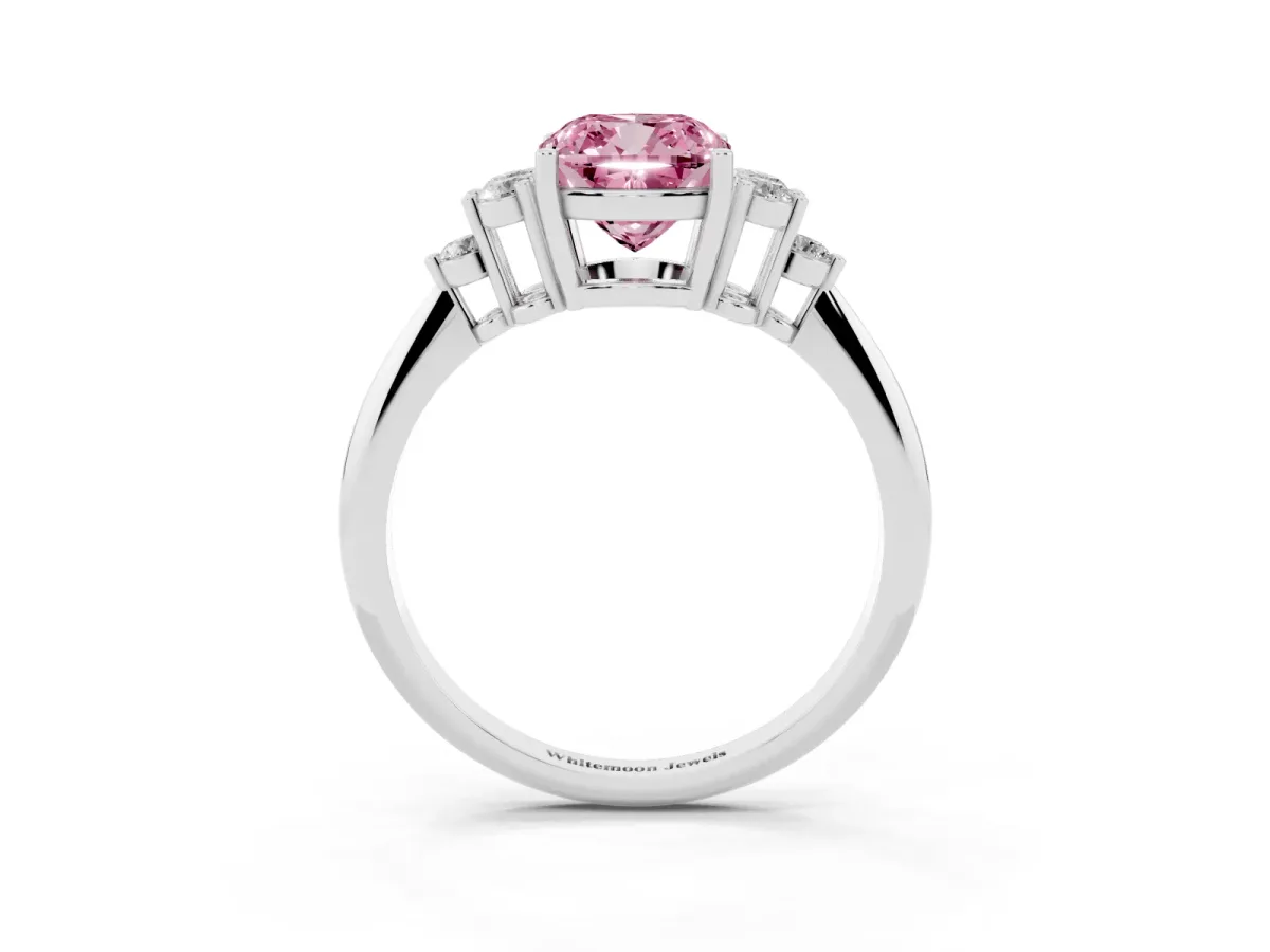Fancy Pink Cushion Cut Cut Diamond Cluster Ring with Solitaire Band and Four-Prong Setting Silver