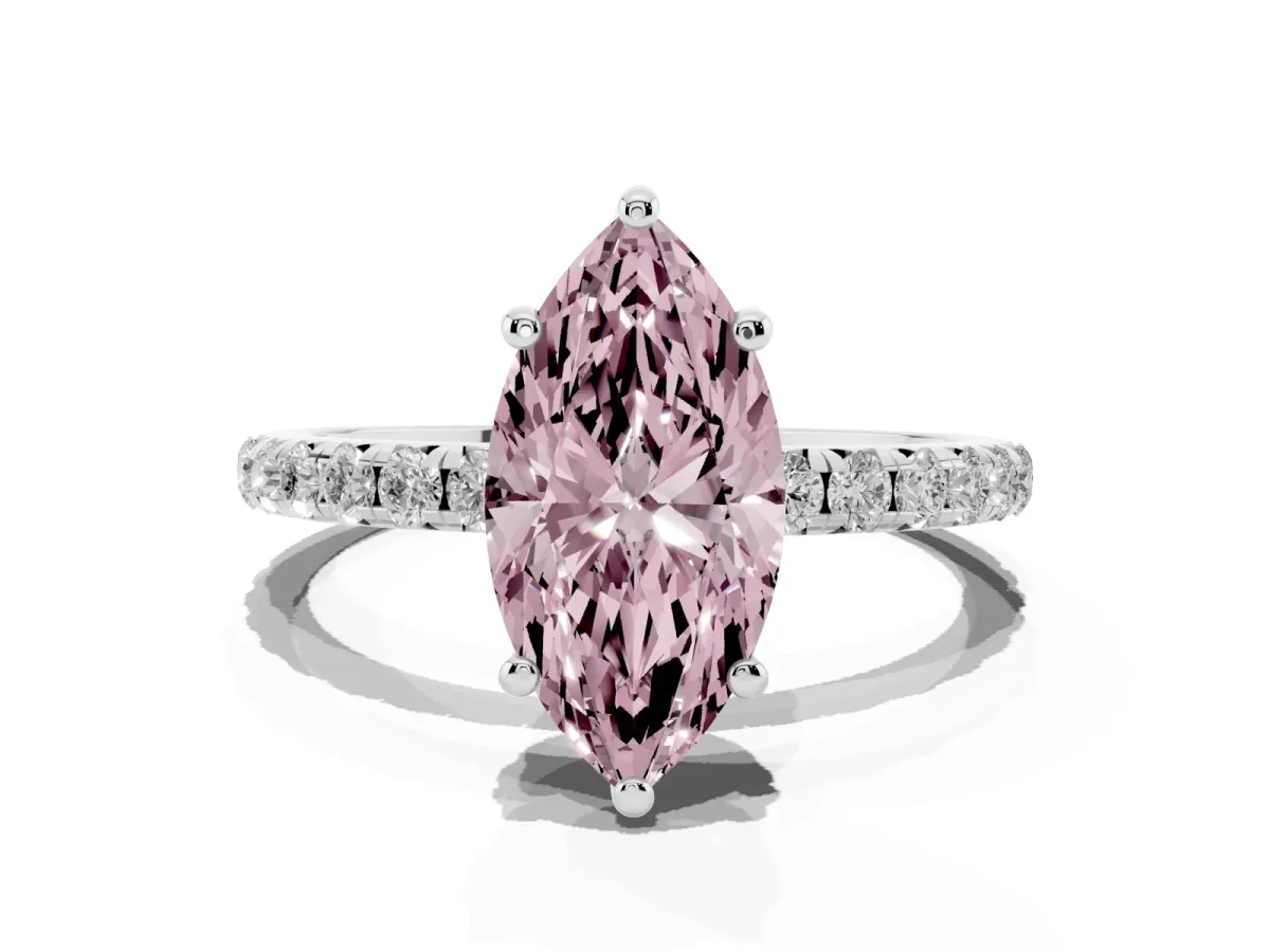 Fancy Pink Marquise Cut Cut Diamond Solitaire Ring with Micro Pave Band and Four Prong Setting Silver