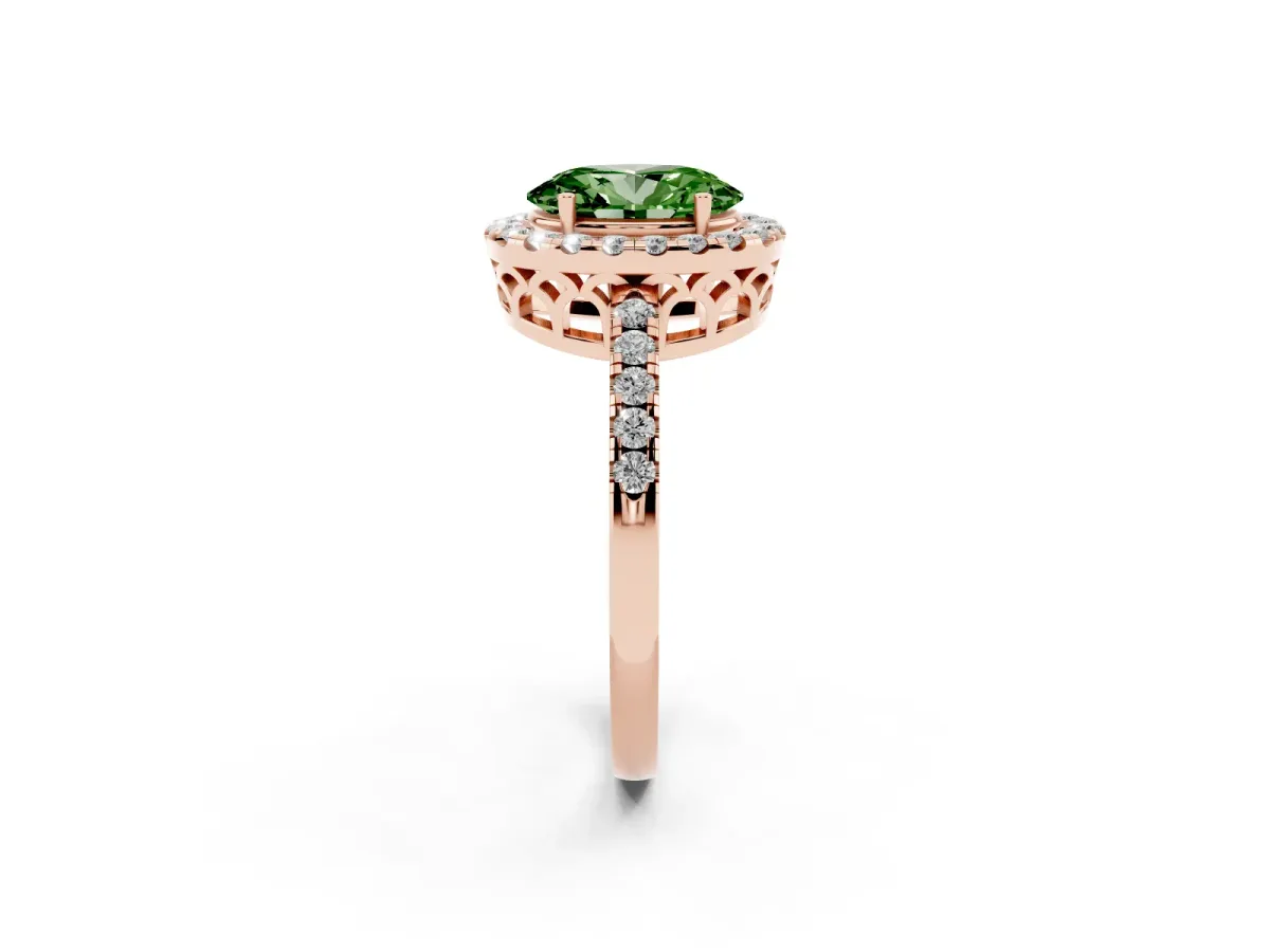 Fancy Green Oval Cut Halo Diamond Engagement Ring with Pavé Band and Four-Prong Setting Rose gold
