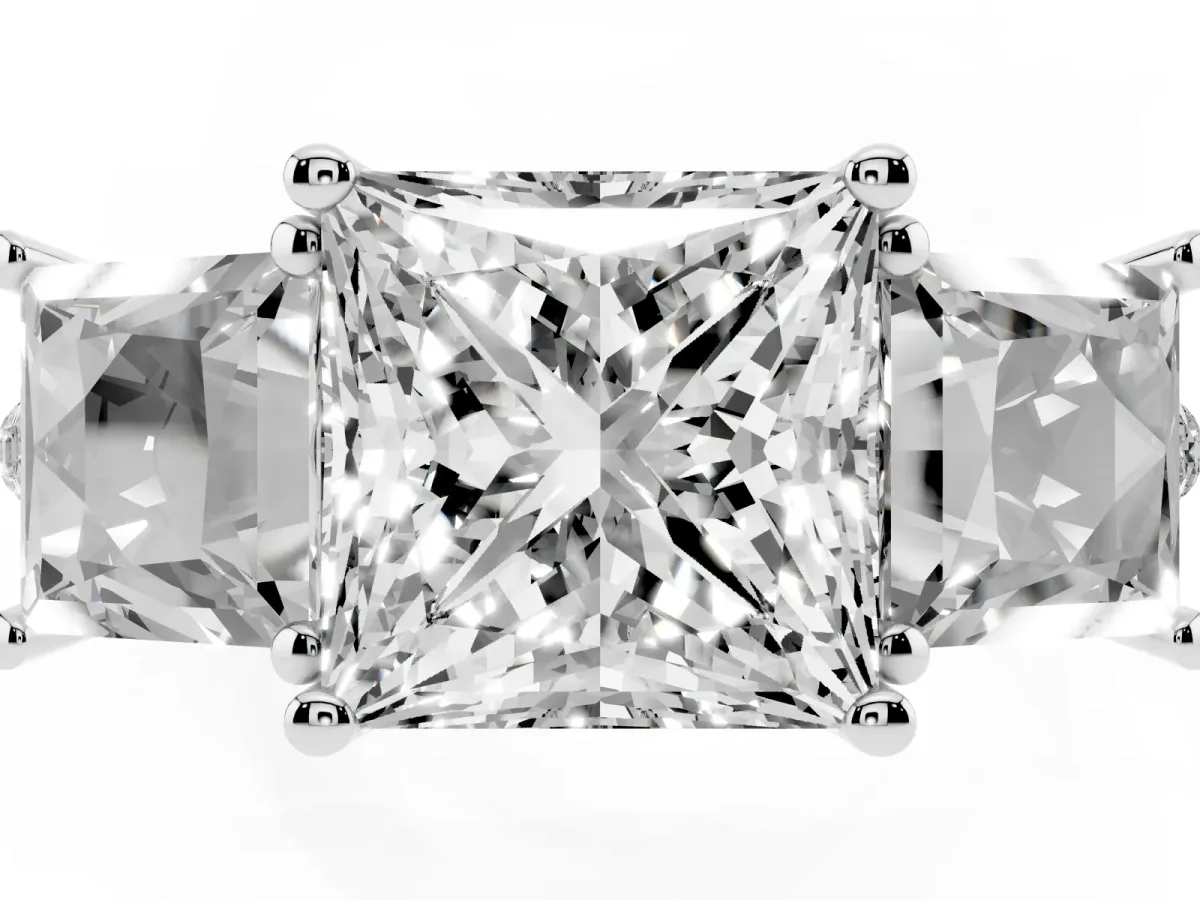 Three-Stone Princess Cut Diamond Ring with Round Pavé Band and Prong Setting Silver