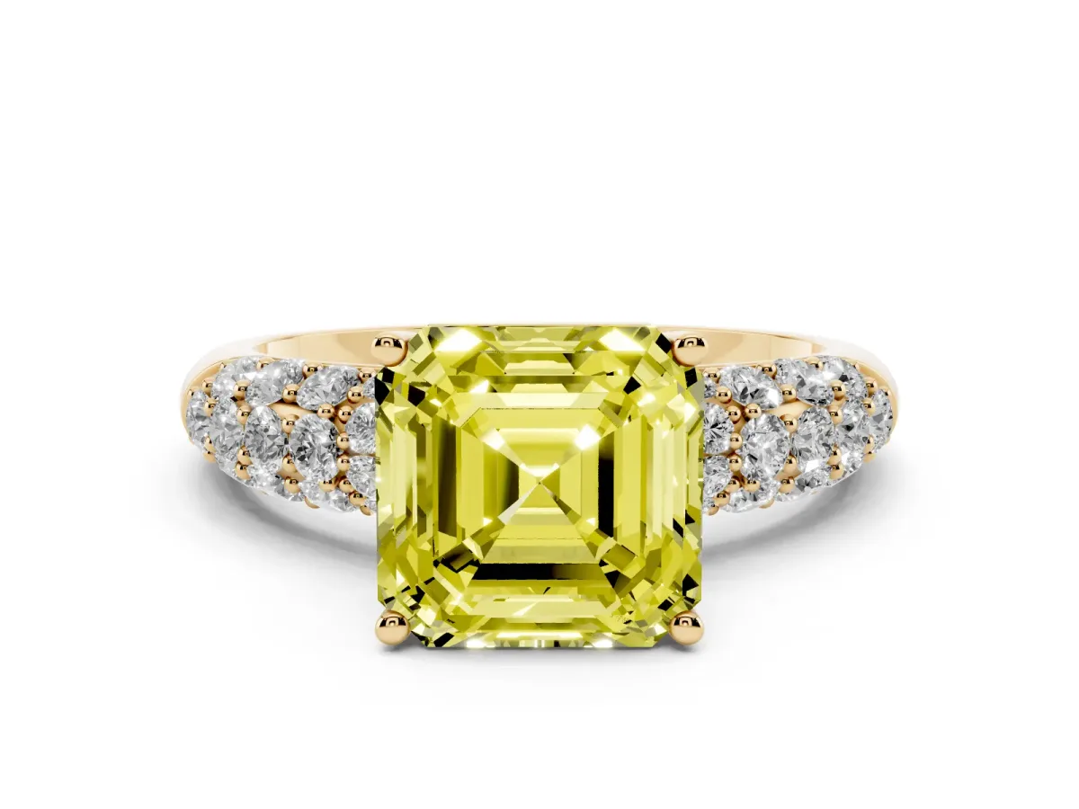 Fancy Yellow Asscher Cut Diamond Pavé Band Solitaire Ring with Four-Prong Setting Yellow gold
