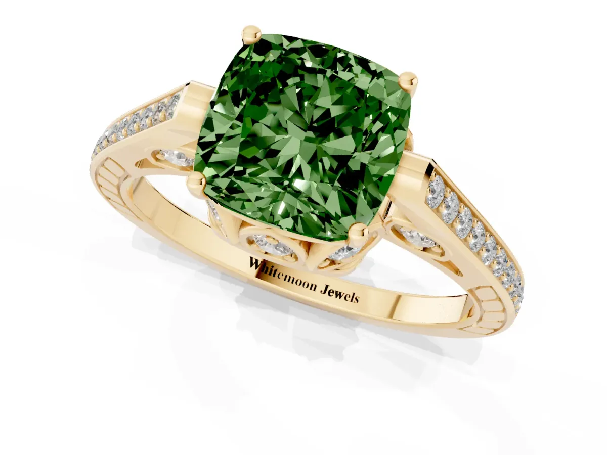 Fancy Green Cushion Cut Cut Cathedral Pave Diamond Engagement Ring with Six-Prong Setting Yellow gold
