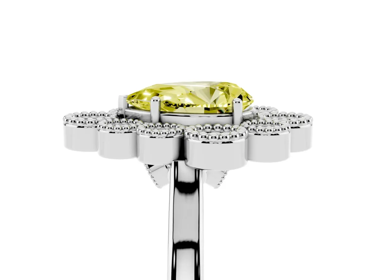 Fancy Yellow Pear Cut Halo Diamond Cluster Engagement Ring with Milgrain Bezel Setting and Solitaire Band Platinum