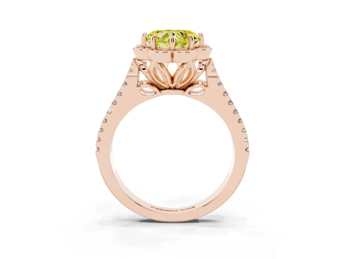 Fancy Yellow Heart Cut Halo Diamond Floral Split Shank Engagement Ring Rose gold