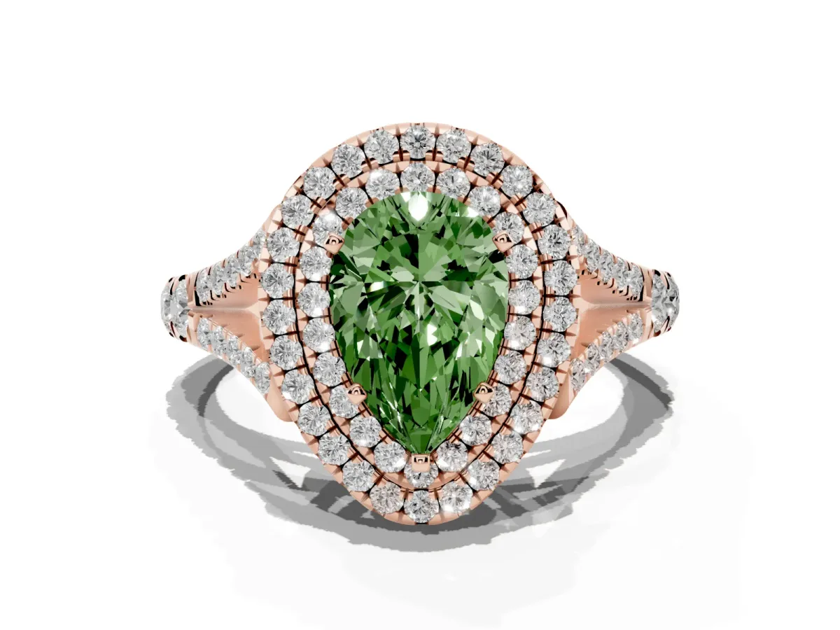 Fancy Green Pear Cut Diamond Double Halo Ring with Split Shank and Prong Setting Rose gold