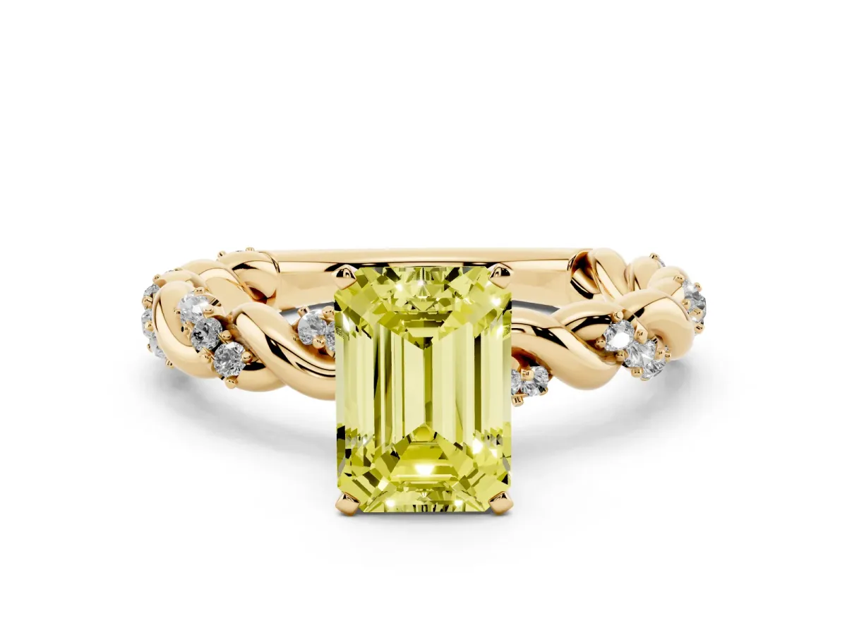 Fancy Yellow Emerald Cut Diamond Solitaire Ring with Twisted Band and Pavé Accents Yellow gold