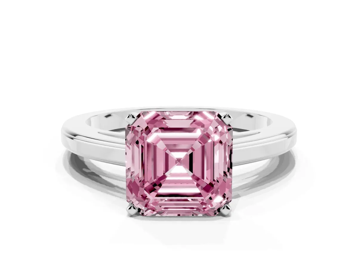 Fancy Pink Asscher Cut Solitaire Diamond Ring with Four-Prong Setting and Classic Band Platinum