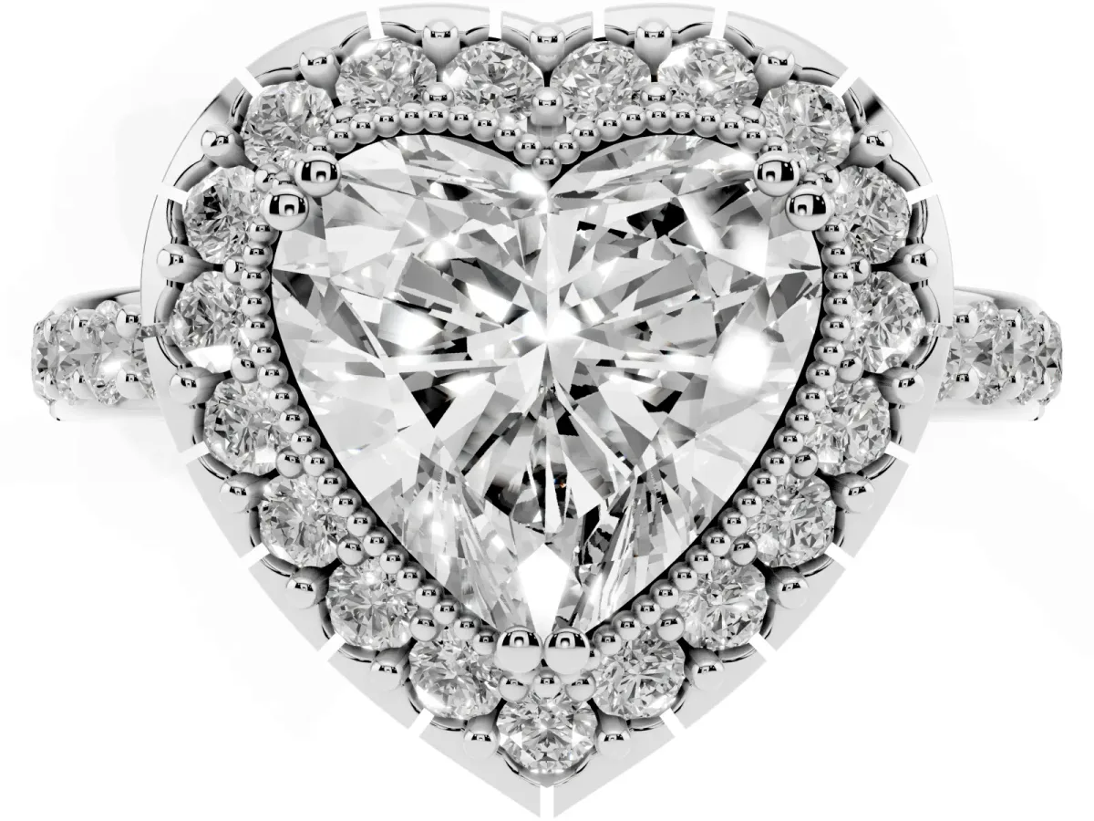 Heart Cut Diamond Halo Ring with Pavé Band and Prong Setting Silver