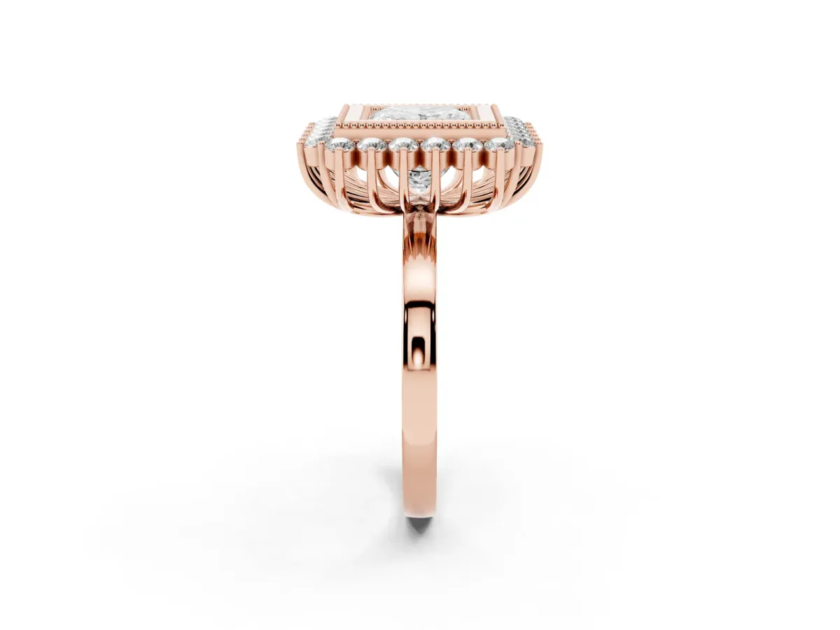 Princess Cut Halo Diamond Ring with Milgrain Edge and Round Prong Setting Rose gold