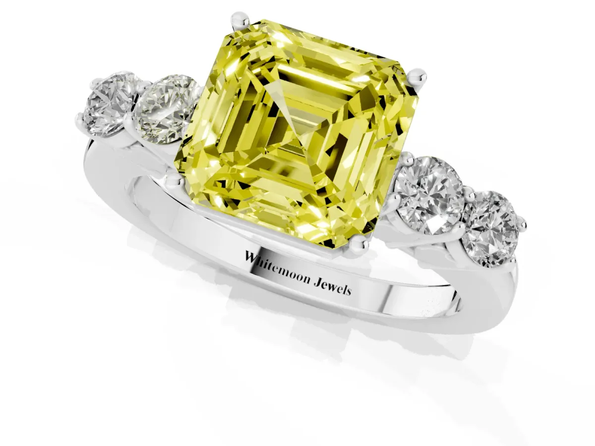 Fancy Yellow Asscher Cut Cut Diamond Five-Stone Prong Set White Gold Ring Platinum