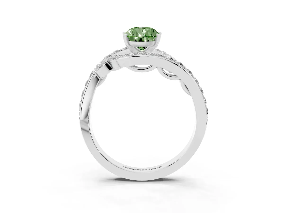 Fancy Green Pear Cut Solitaire with Pavé Twist Band and Four-Prong Setting Silver