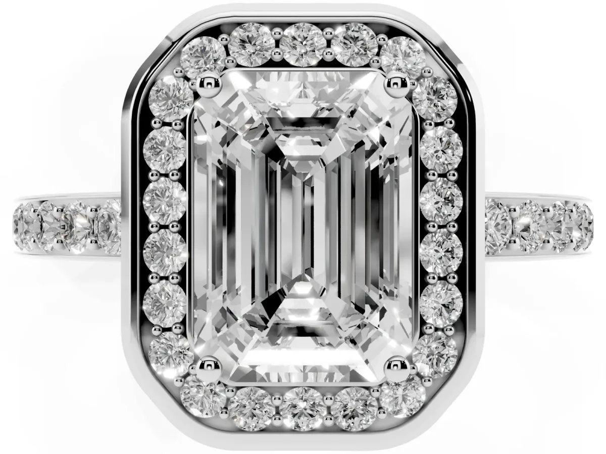 Emerald Cut Diamond Halo Ring with Bezel Frame and Pavé Band Platinum