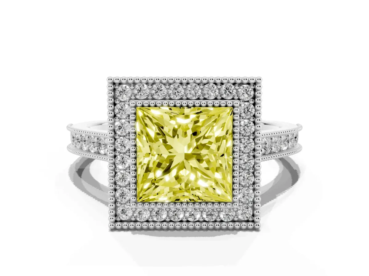 Fancy Yellow Halo Princess Cut-Cut Diamond Pave Band Milgrain Prong Setting Ring White gold
