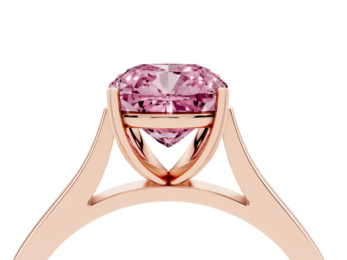 Fancy Pink Cushion Cut Solitaire Heart Prong Engagement Ring with Tapered Band Rose gold